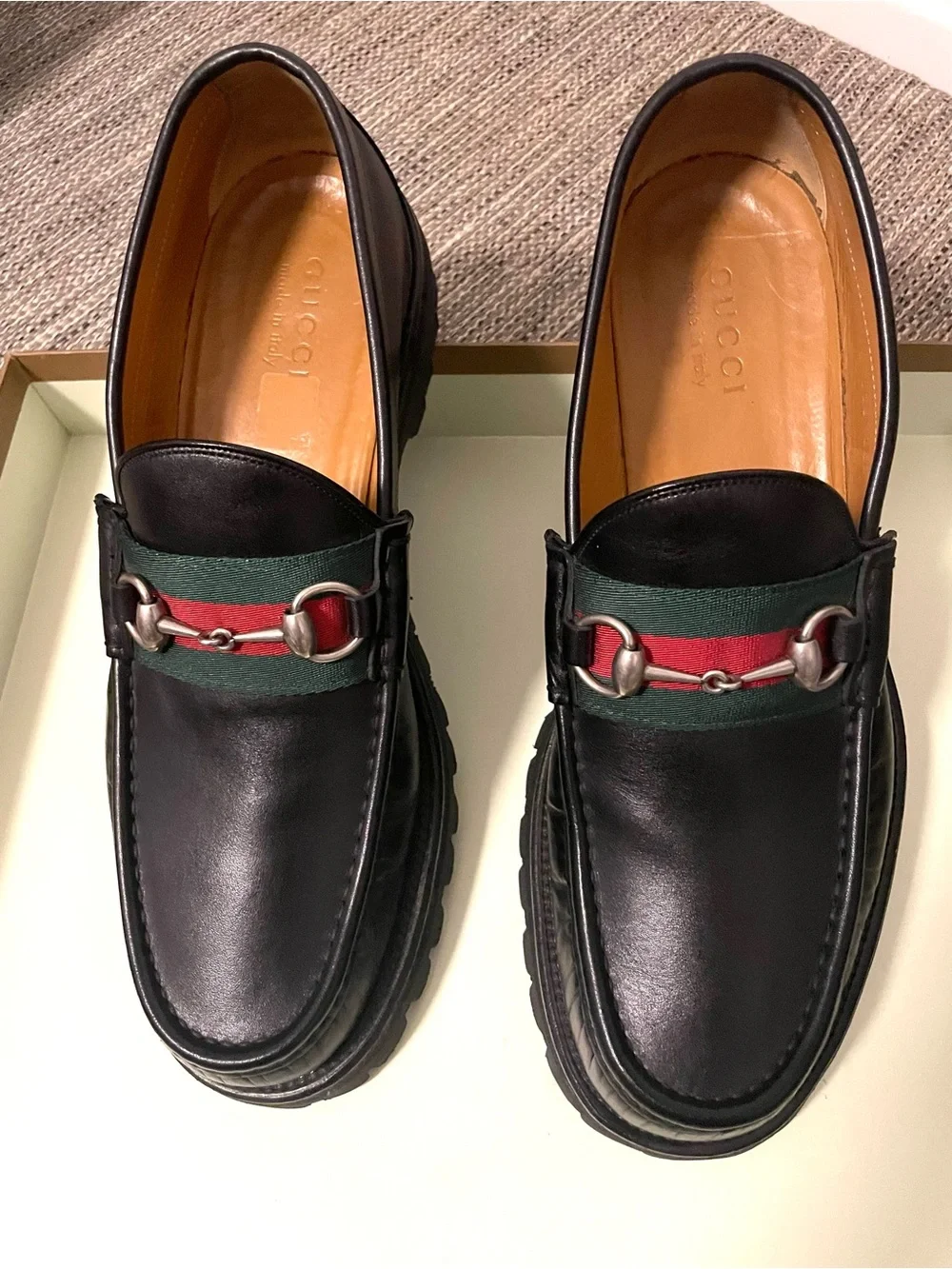 Gucci Black Leather Loafers with Red & Green Web and Silver Horsebit